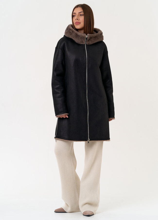 Женская двухсторонняя дубленка из эко замши с капюшоном модель № 31434 универмаг малина