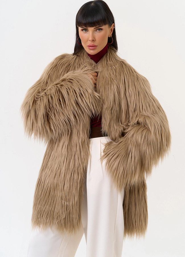 Женская шуба из эко меха с декоративным поясом модель № 31532 универмаг малина