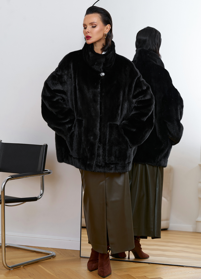 фото Женская шуба из скандинавской норки с воротником стойкой модель № 31633