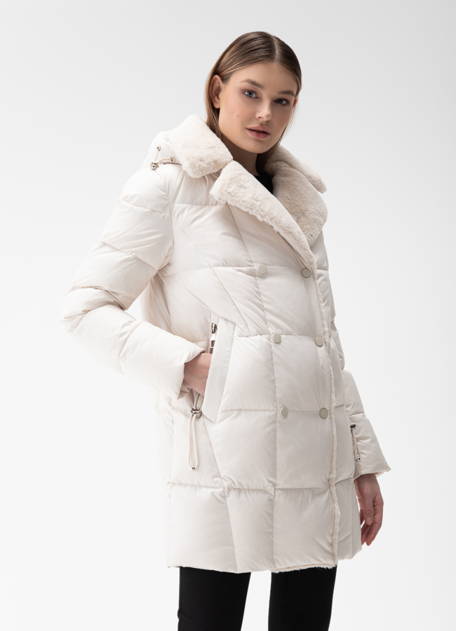 Комбинированный женский пуховик с капюшоном модель № 28391 в кредит
