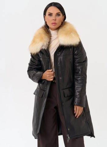 Кожаный пуховик с воротником из лисы