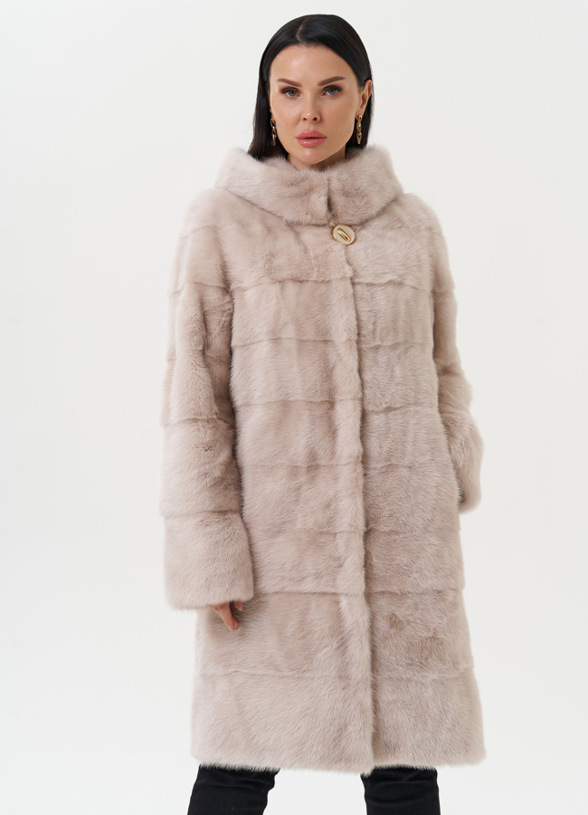 Светлая норковая шуба с капюшоном модель № 24955 меха малина