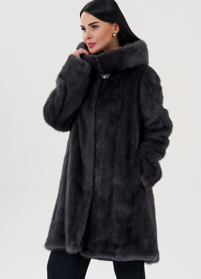 Норковая шуба балетка, в цвете графит с капюшоном модель № 25006 универмаг малина