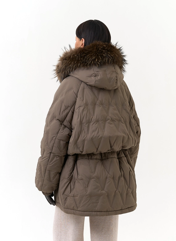 Женский пуховик с мехом енота на капюшоне фото