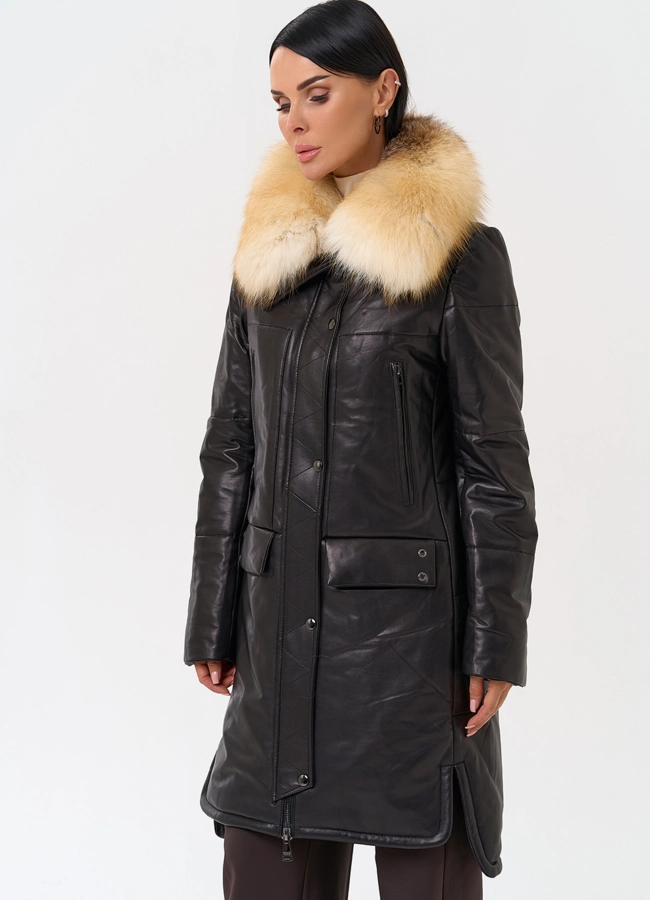 Кожаный пуховик с воротником из лисы модель № 19919 универмаг малина фото