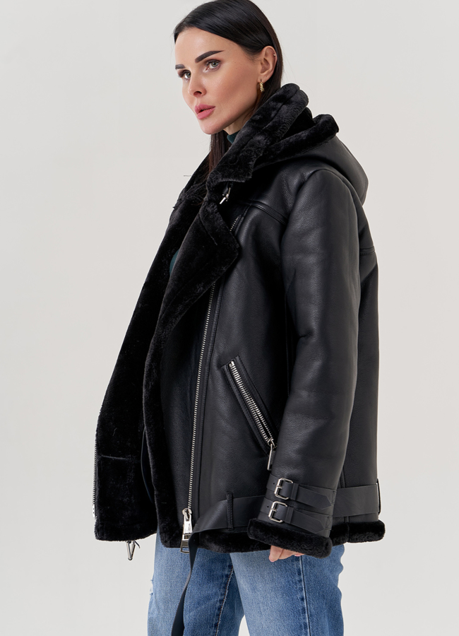 Женская дубленка пилот из эко кожи черно цвета  модель № 79311 в кредит