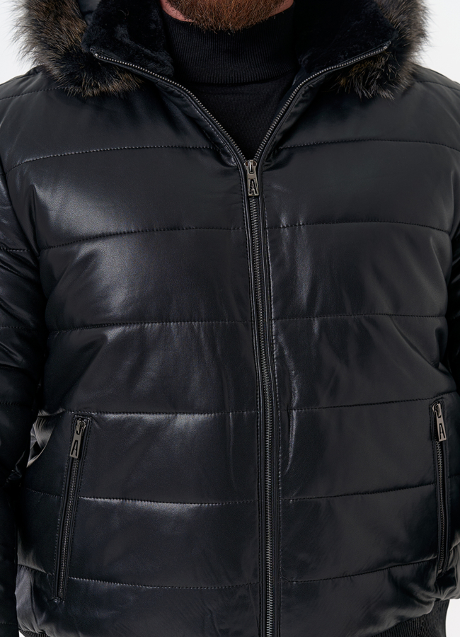 Пуховик из эко кожи черного цвета  модель № 31724 универмаг малина