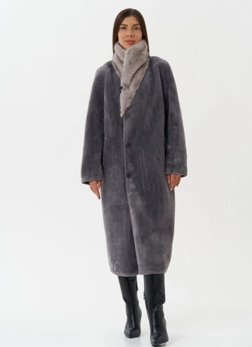 Длинная дубленка из эко кожи с воротником шаль