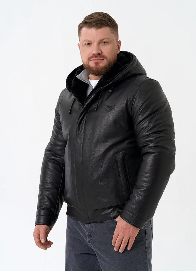 Мужской пуховик из натуральной кожи с капюшоном модель № 32051 универмаг малина