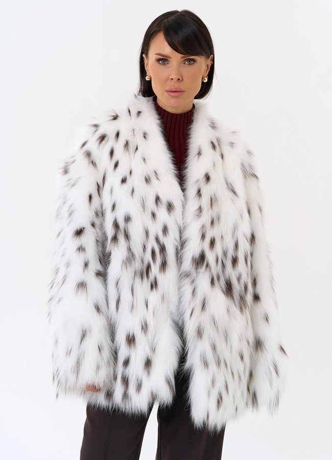 Шуба из лисы с инкрустацией под рысь модель № 31855 меха малина