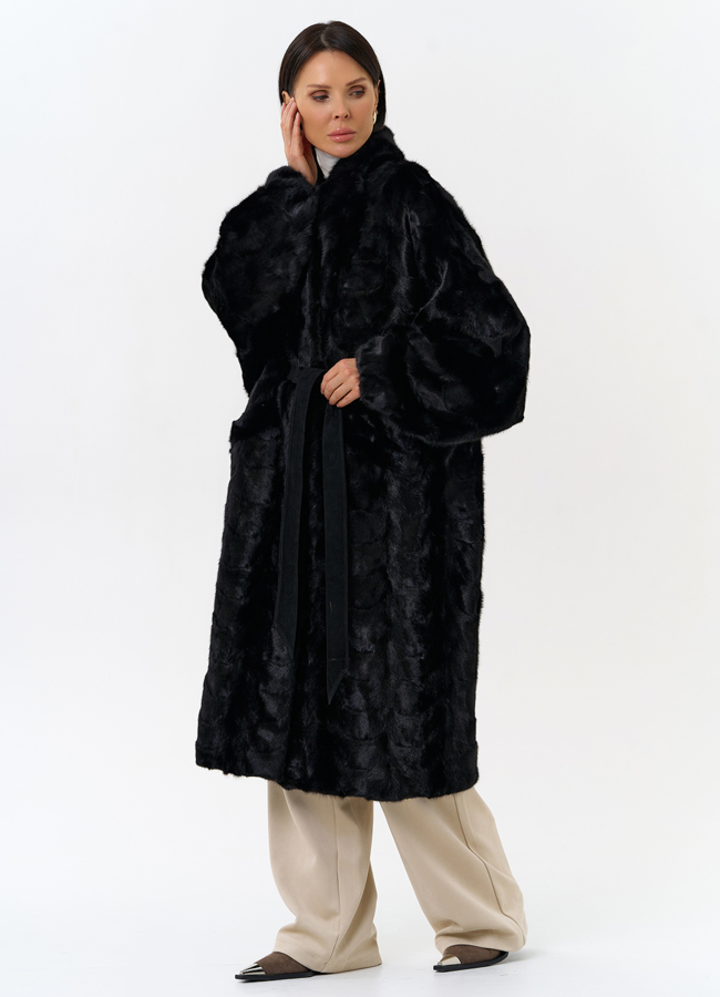 Шуба из меха норки с поясом модель № 31183 меха малина