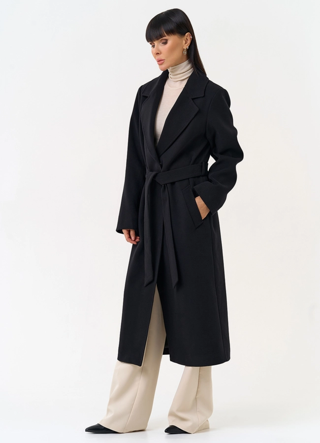 Женское пальто черного цвета с поясом модель № 31560 в рассрочку