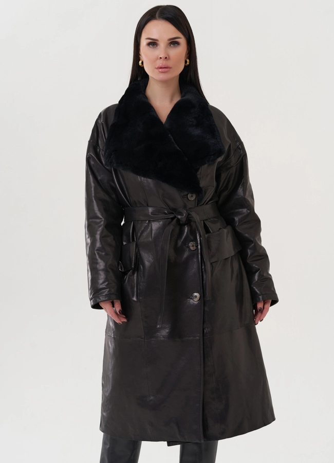 Пальто женское из натуральной кожи с отделкой из кролика  модель № 25377 меха малина