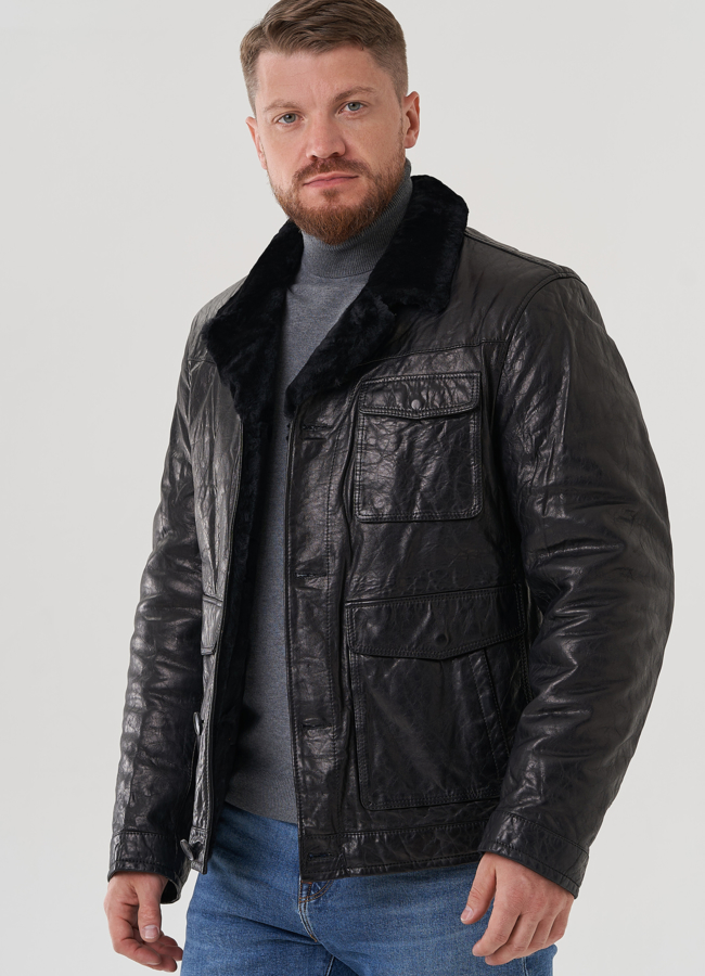 Куртка мужская из натуральной кожи  модель № 82302 меха малина