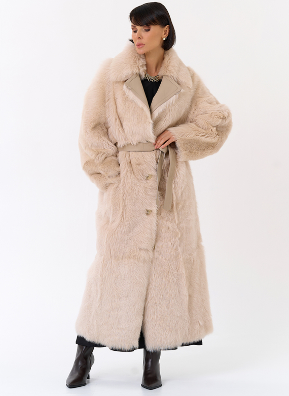 Женская двухсторонняя дубленка с поясом