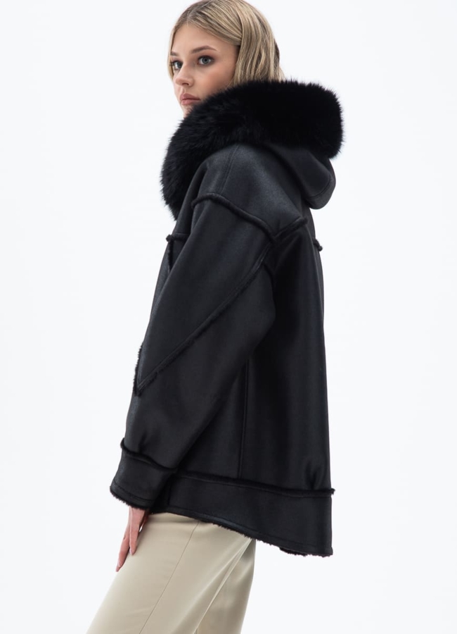 Женская дубленка из эко кожи с капюшоном модель № 32020 в рассрочку