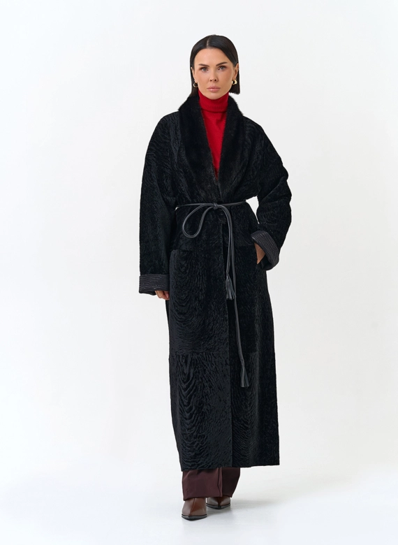 Женская двухсторонняя дубленка с воротником из меха норки фото