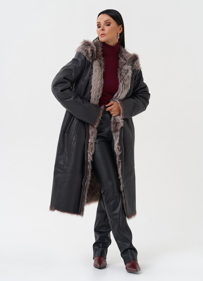 Дубленка с отделкой из тосканы с капюшоном модель № 28698 универмаг малина