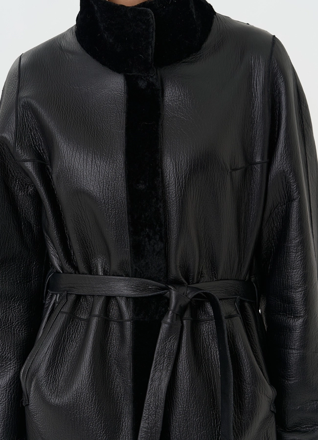Женская двухсторонняя дубленка с поясом модель № 32198 универмаг малина