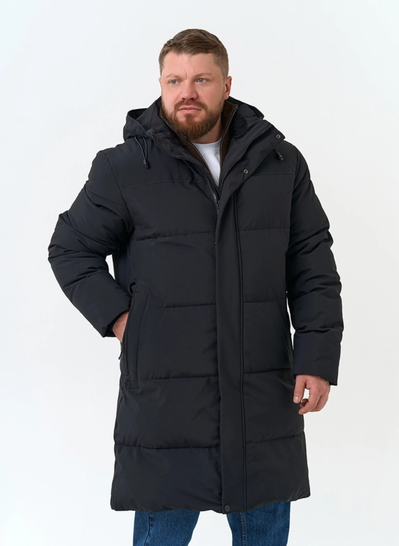 Удлиненный мужской пуховик с капюшоном фото