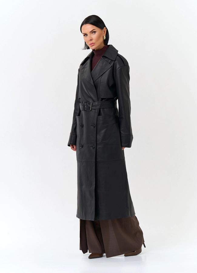 Женский плащ из натуральной кожи с поясом модель № 32901 универмаг малина