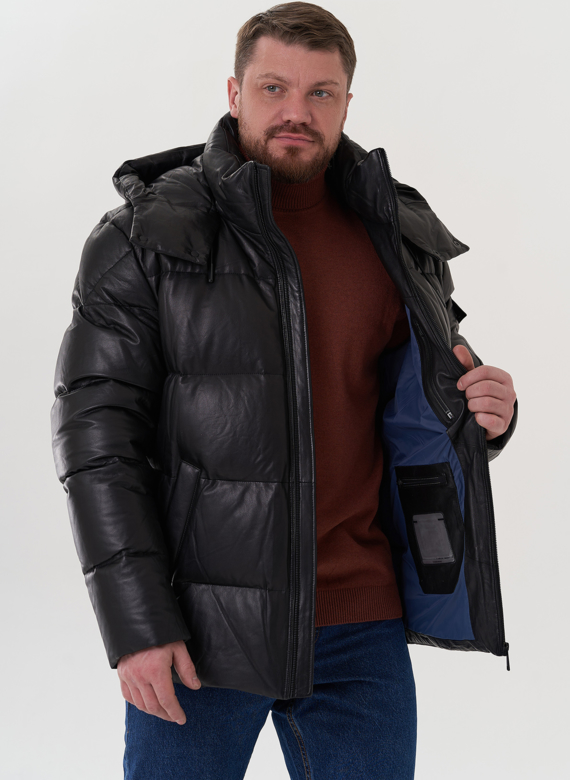 Пуховик из натуральной кожи с капюшоном