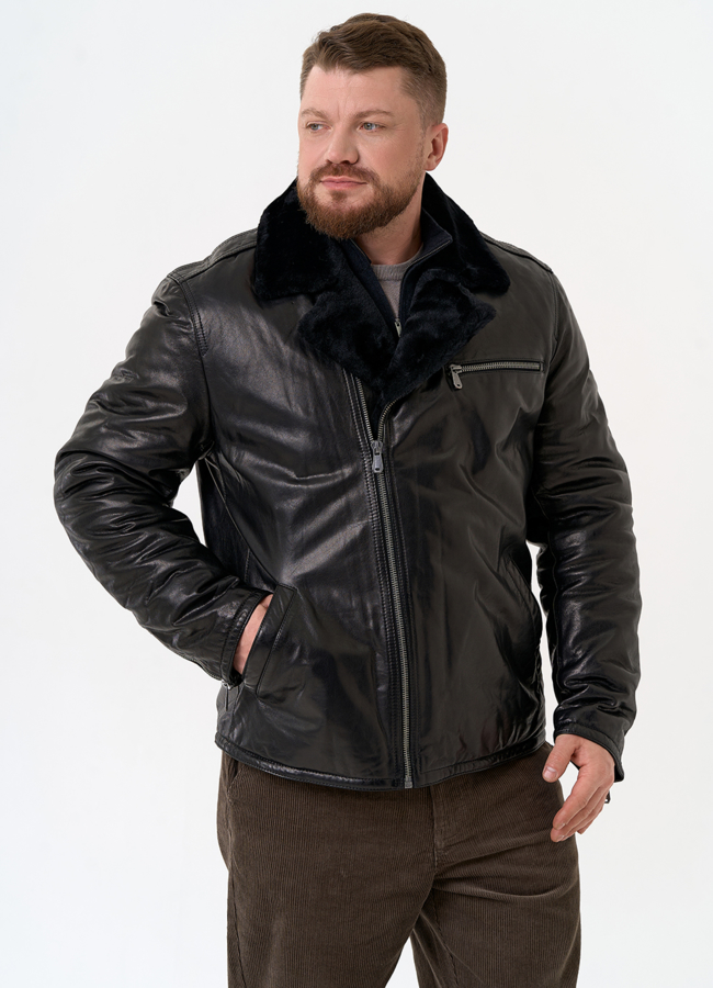 фото Куртка из натуральной кожи с воротником из овчины модель № 31420