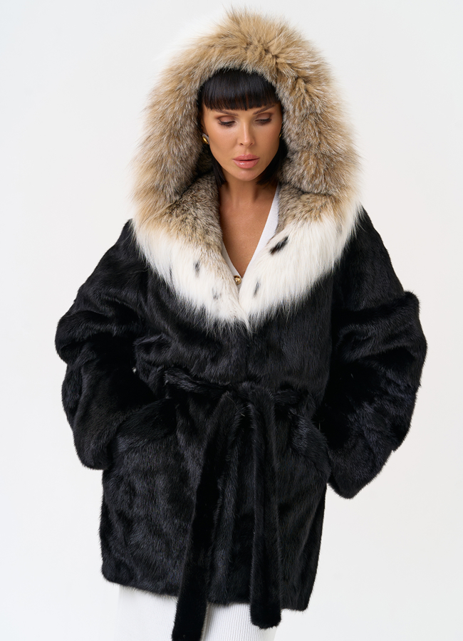 Женская шуба из меха норки с капюшоном из меха рыси модель № 31376 универмаг малина