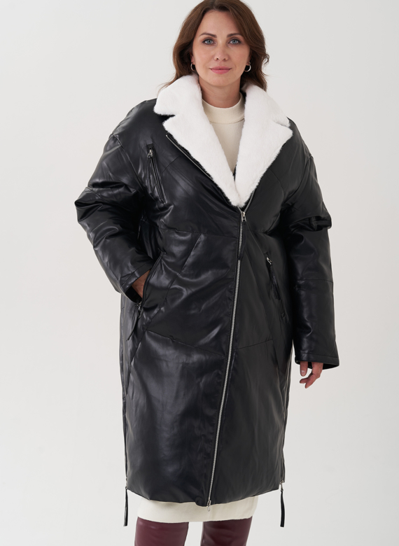 Пуховик женский из эко кожи с английским воротником
